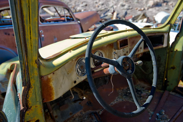 Old car at Scottys Castle in Death Valley National Park.