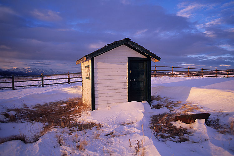 Shed during Winter sunrise at Morley Flats, Alberta.