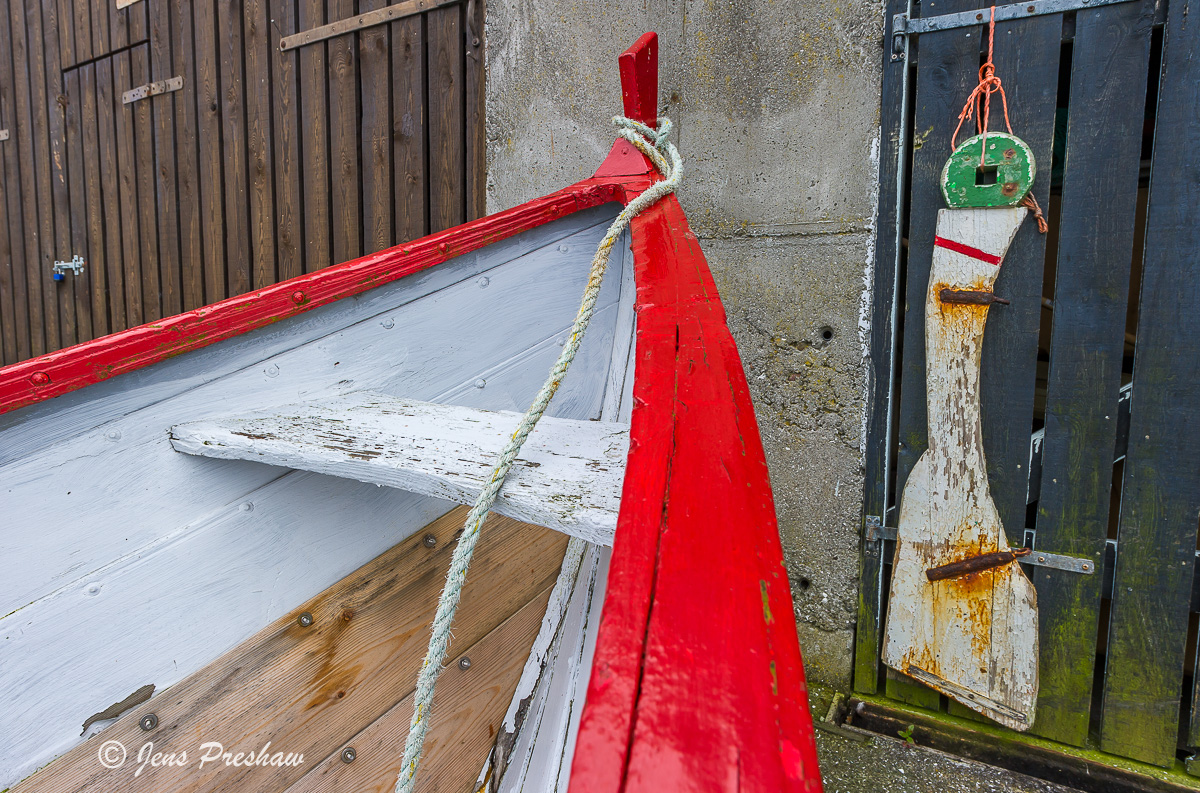 fishing boat, boathouse, Argir, Torshavn, Streymoy, Faroe Islands, North Atlantic Ocean, summer