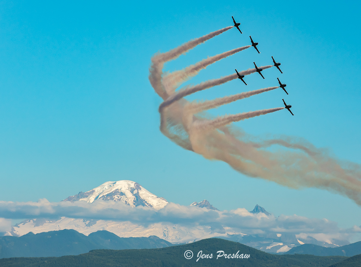 Breitling Jet Team, Mount Baker, Abbotsford Airshow, Abbotsford, British Columbia, Dusk Performance, Canada, Summer