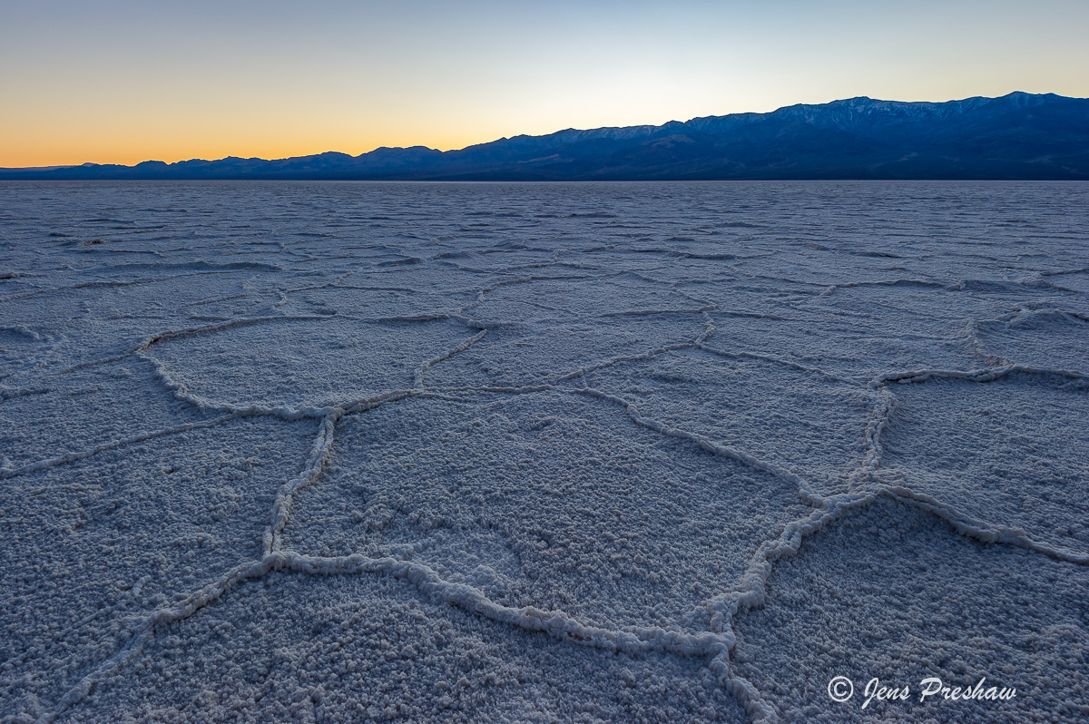 salt formations, sunset, Badwater, Death Valley National Park, California, U.S.A., winter