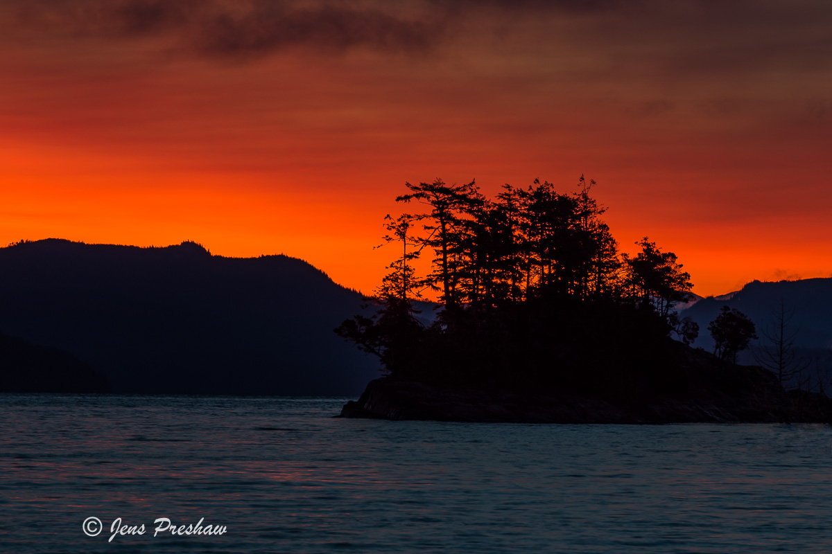 Just before sunrise&nbsp;the sky behind a&nbsp;small island in the Johnstone Strait had a&nbsp;beautiful orange glow.